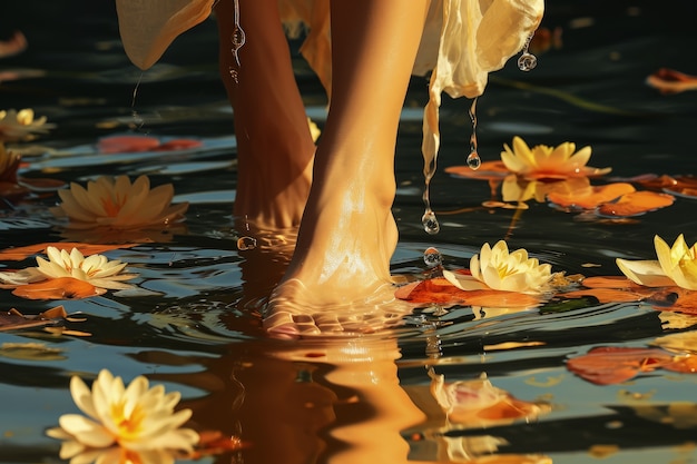 Photo gratuite vue de pieds réalistes touchant l'eau claire qui coule