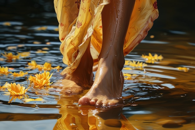 Vue de pieds réalistes touchant l'eau claire qui coule