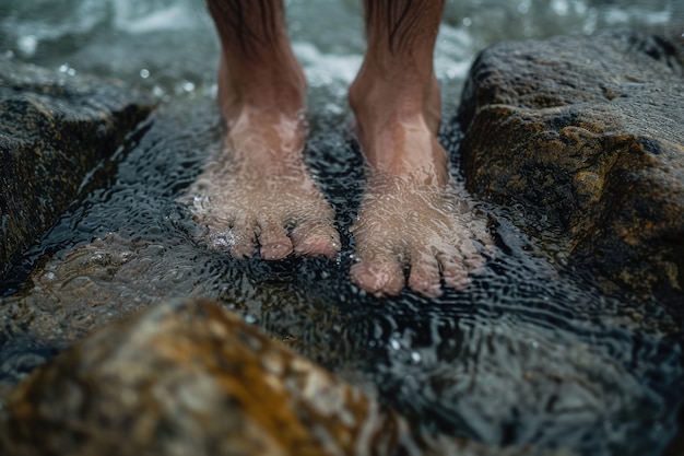 Vue de pieds réalistes touchant l'eau claire qui coule