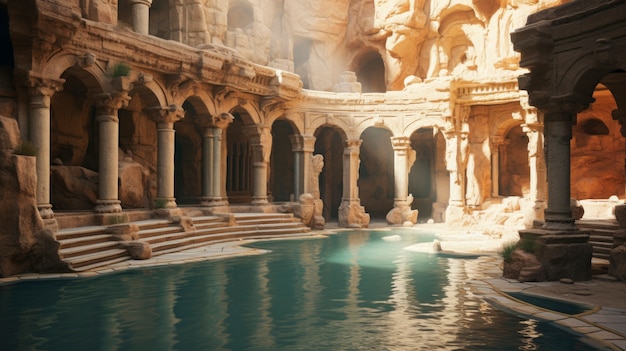 Photo gratuite vue sur la piscine de l'ancien empire romain à côté du bâtiment