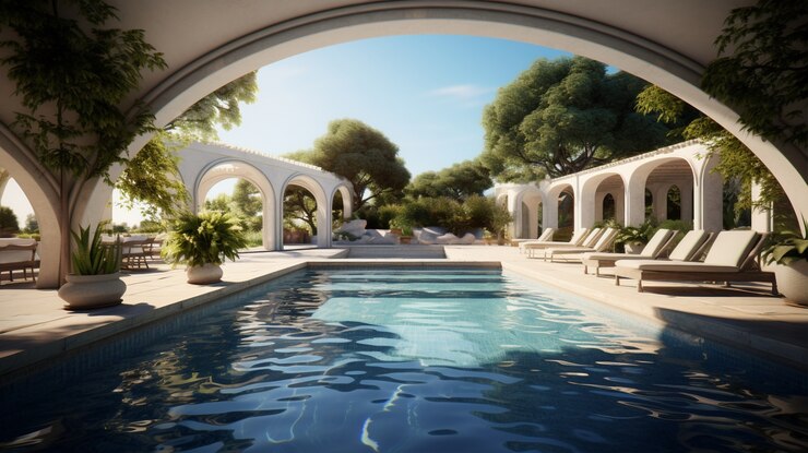 Photo gratuit vue sur la piscine de l'hôtel