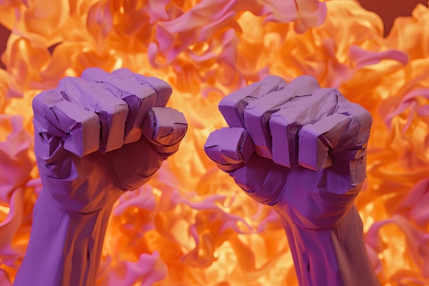 Vue des poings violets avec du feu pour la célébration de la fête des femmes