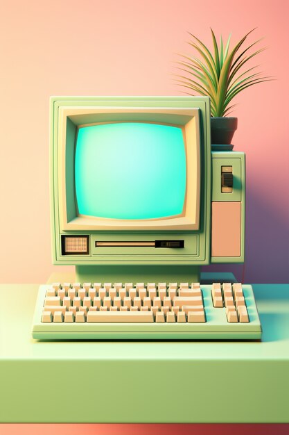 Vue d'un poste de travail informatique au look rétro