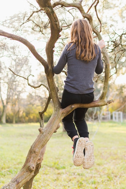 Vue postérieure, de, girl, séance, sur, arbre, branche, dans parc