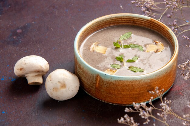 Vue rapprochée avant de la délicieuse soupe aux champignons à l'intérieur de la plaque sur l'espace sombre