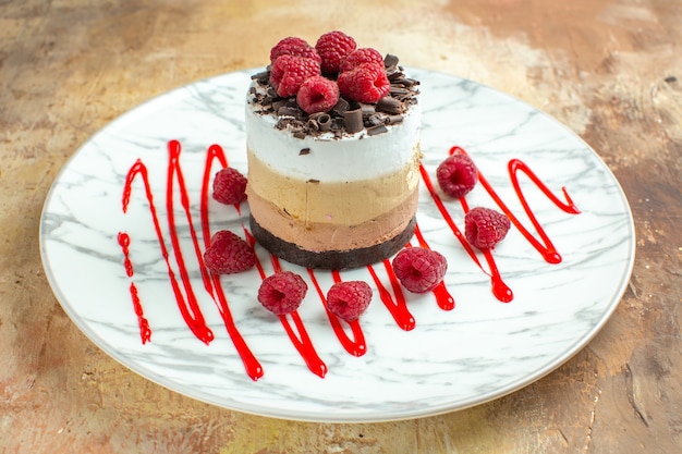 Vue rapprochée avant délicieux gâteau crémeux à l'intérieur de la plaque avec des framboises sur une table marron