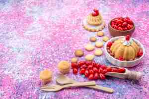 Photo gratuite vue rapprochée avant de délicieux gâteau nature avec de la crème et des arachides fraîches cornouiller rouge sur un bureau lumineux