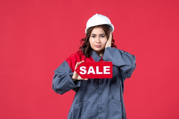 Vue rapprochée avant de la travailleuse nerveuse en uniforme portant un casque montrant l'icône de vente sur un mur rouge isolé