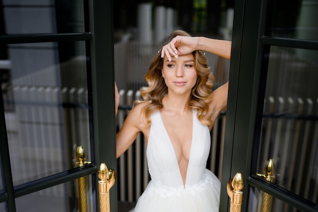 Vue rapprochée d'un charmant modèle féminin avec une coiffure et un maquillage élégants portant une robe à la mode avec des découpes séduisantes et un décolleté en V