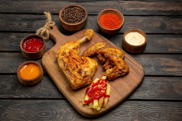 Vue rapprochée de côté frites cuisse de poulet et ailes frites et bols de sauces et d'épices colorées