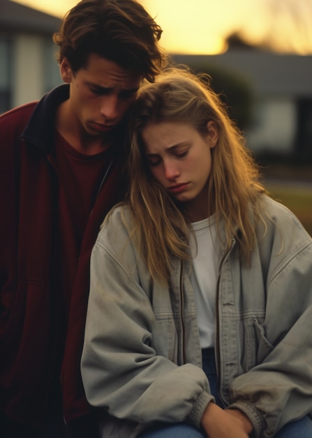 Photo gratuite vue rapprochée d'un couple triste en train de s'embrasser