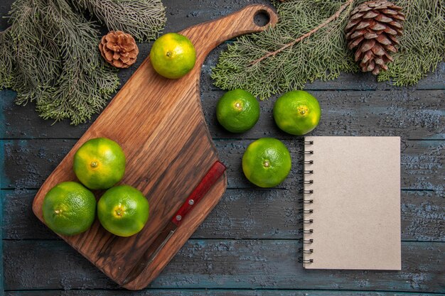 Vue rapprochée de dessus limes et branches quatre limes vert-jaune et couteau sur la planche à découper à côté du cahier de limes et des branches et des cônes d'arbres