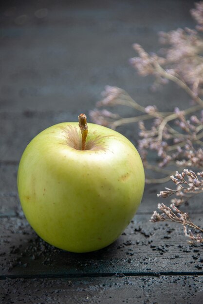 Vue rapprochée de dessus pomme verte pomme appétissante à côté de branches d'arbres sur table grise