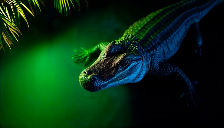 Photo gratuit vue rapprochée du crocodile à la lumière du néon