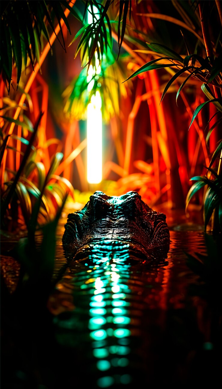 Photo gratuit vue rapprochée du crocodile à la lumière du néon