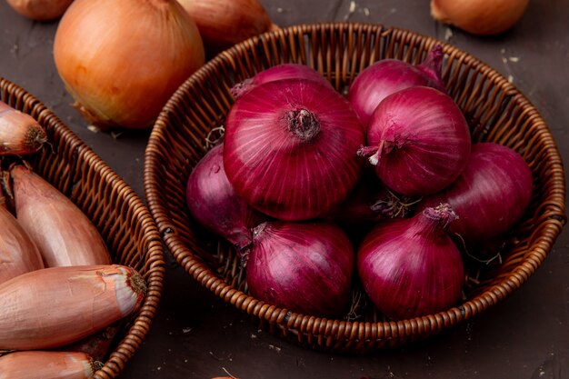 Vue rapprochée du panier d'oignons sur fond marron