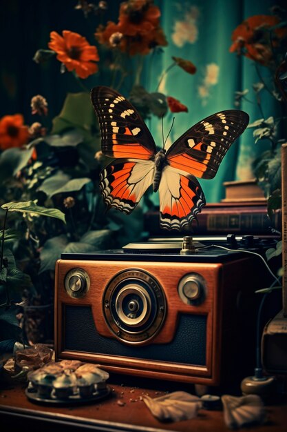 Vue rapprochée du papillon près de la caméra vintage