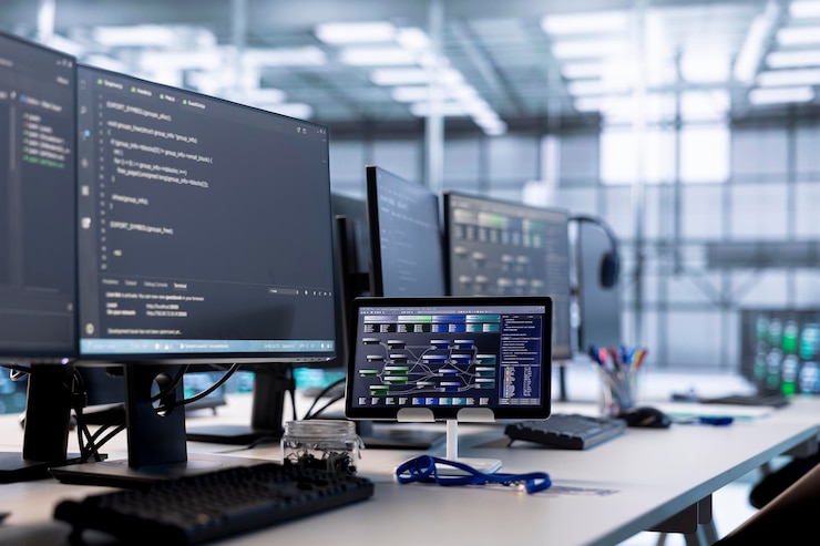 Photo gratuit vue rapprochée de l'écran du pc et de la tablette sur le bureau utilisés pour la surveillance des périphériques du centre de données