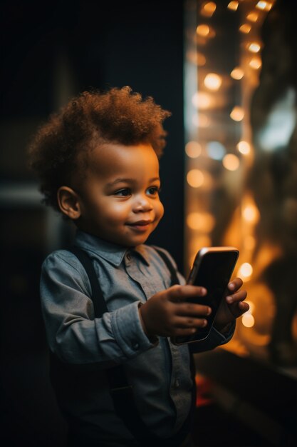 Vue rapprochée de l'enfant utilisant un appareil intelligent la nuit