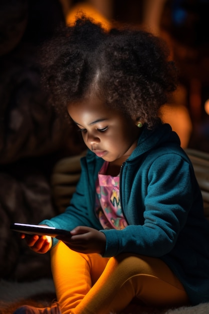 Photo gratuite vue rapprochée de l'enfant utilisant un appareil intelligent la nuit
