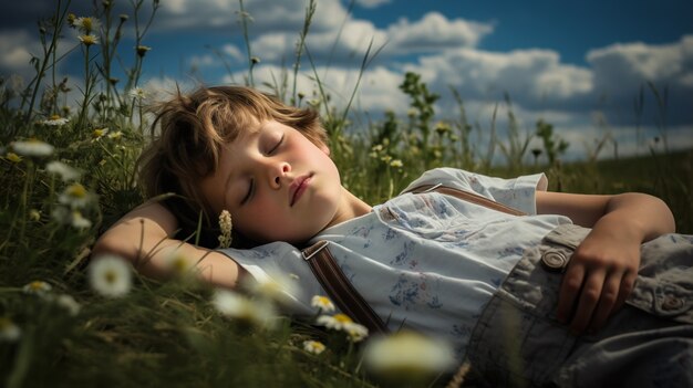 Vue rapprochée d'un garçon qui dort dans des champs de fleurs