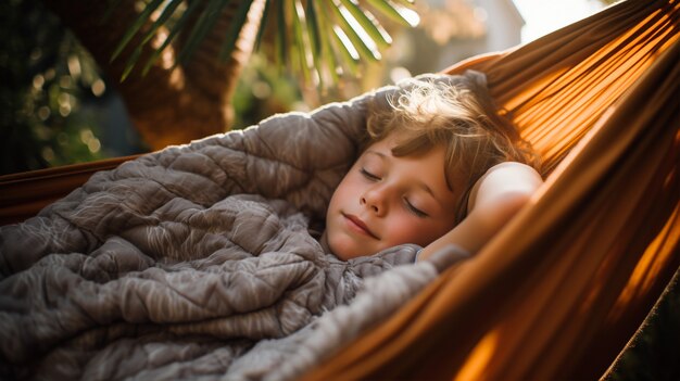 Vue rapprochée d'un garçon qui dort dans un hameau