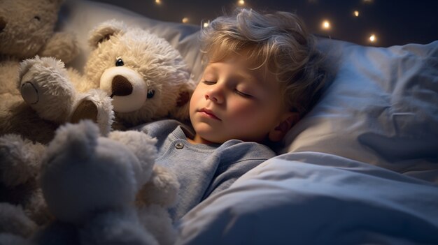 Vue rapprochée d'un garçon qui dort avec un ours en peluche