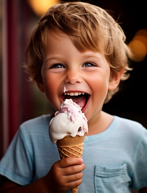 Vue rapprochée d'un garçon en train de manger de la crème glacée