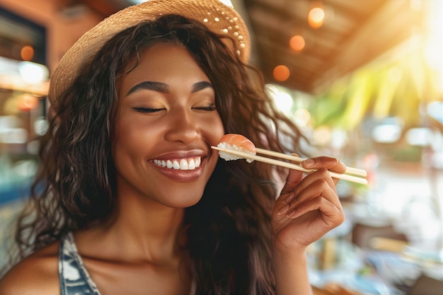 Photo gratuite vue rapprochée des gens qui mangent du sushi