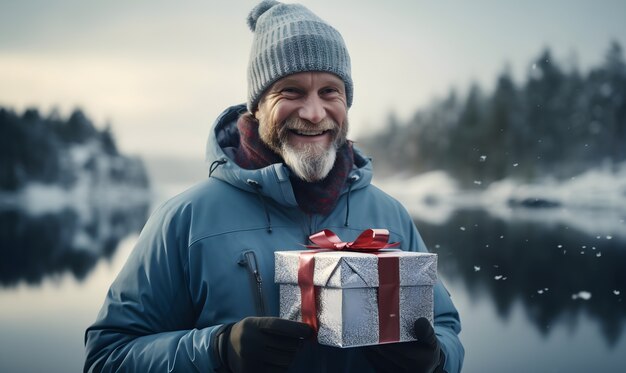 Vue rapprochée d'un homme préparant un cadeau de Noël