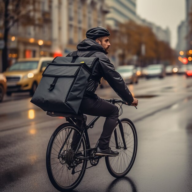 Vue rapprochée d'un homme à vélo en ville