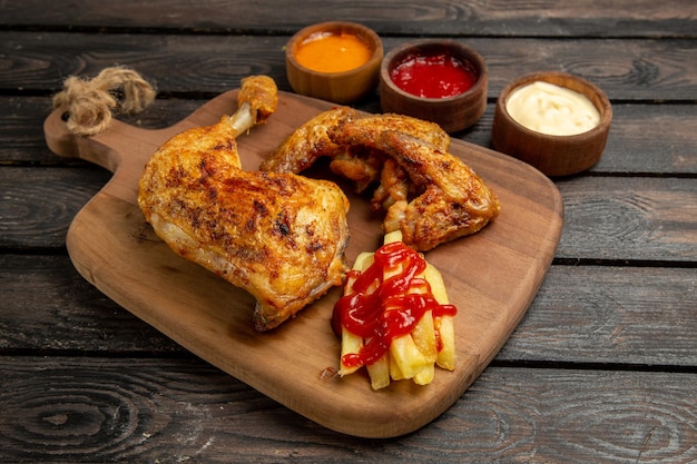 Vue rapprochée latérale des bols de poulet et d'épices de trois types de sauces à côté des ailes et de la cuisse de poulet avec des frites et du ketchup sur la planche à découper sur fond sombre