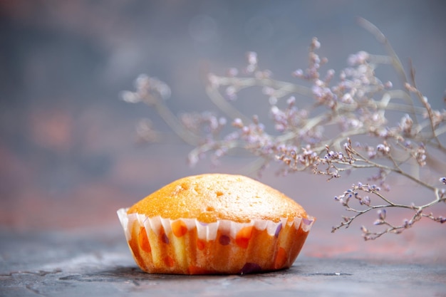 Vue rapprochée latérale cupcake un cupcake appétissant sur la table et les branches d'arbres