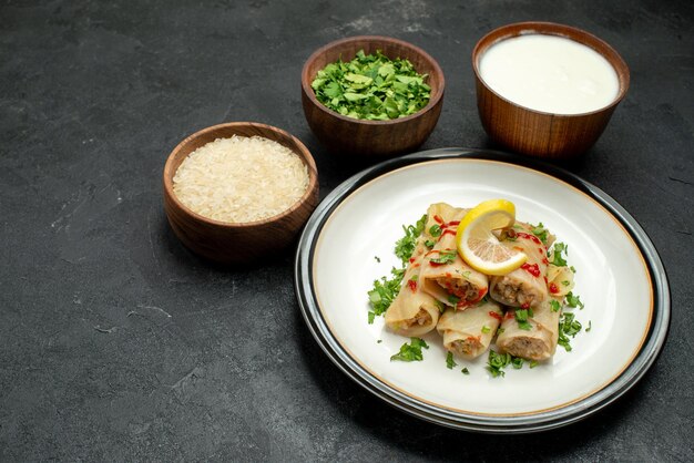 Vue rapprochée latérale du plat de crème sure au riz vue de dessus de loin chou farci chou farci appétissant