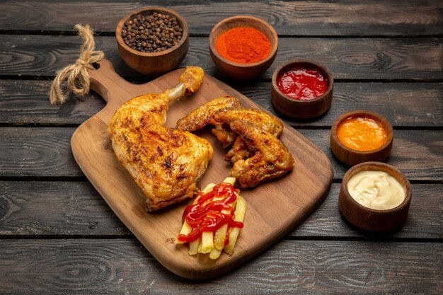 Vue rapprochée latérale des frites de poulet frites et bols de sauces colorées et d'épices sur la table sombre