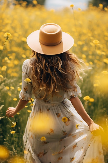 Vue rapprochée d'une personne dans un champ de fleurs