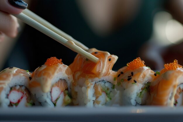 Vue rapprochée d'une personne mangeant du sushi