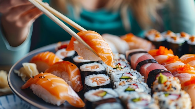 Vue rapprochée d'une personne mangeant du sushi