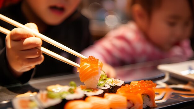 Vue rapprochée d'une personne mangeant du sushi