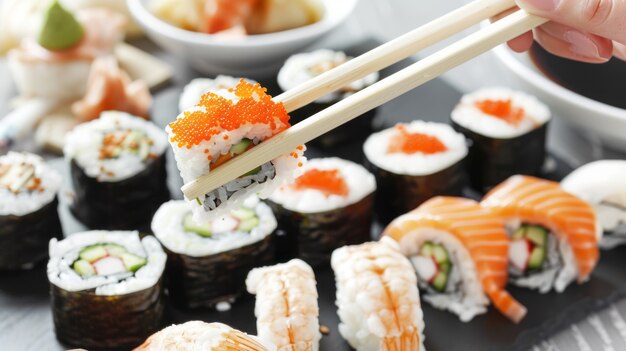 Vue rapprochée d'une personne mangeant du sushi