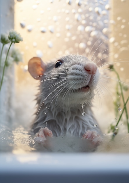 Photo gratuite vue d'un rat mouillé avec des fleurs