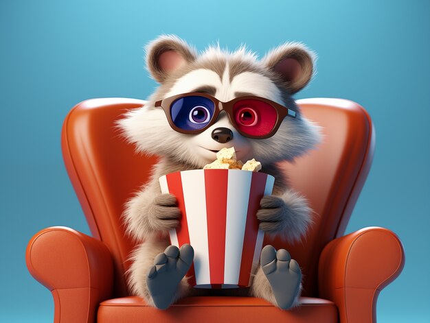 Vue d'un raton laveur en 3D regardant un film au cinéma