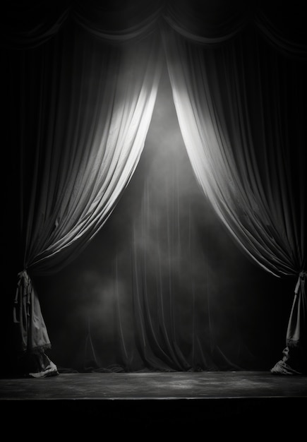 Vue des rideaux de scène de théâtre en noir et blanc