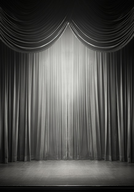 Vue des rideaux de scène de théâtre en noir et blanc