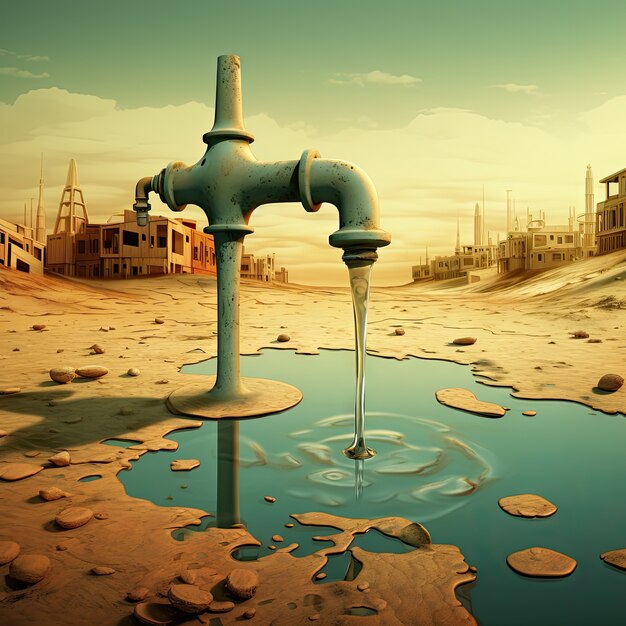 Vue d'un robinet fantastique avec de l'eau courante et un paysage surréaliste pour la sensibilisation à la journée mondiale de l'eau
