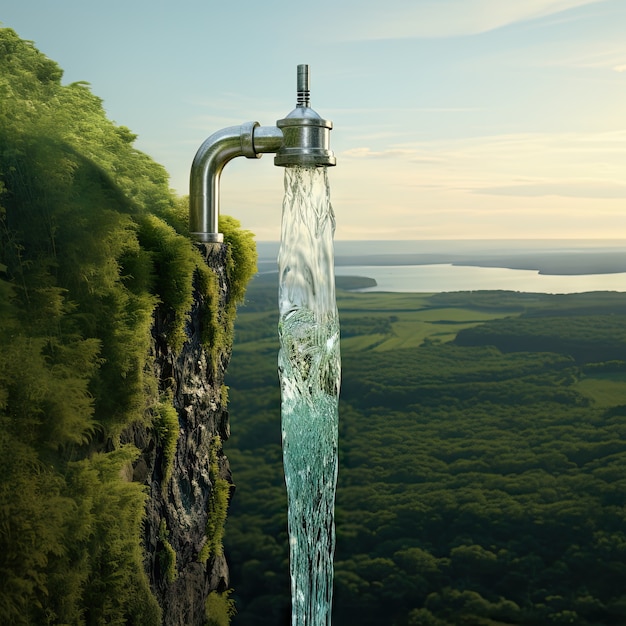 Vue d'un robinet fantastique avec de l'eau courante et un paysage surréaliste pour la sensibilisation à la journée mondiale de l'eau