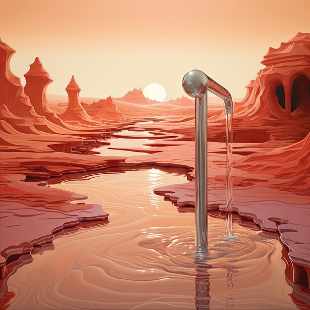 Vue d'un robinet fantastique avec de l'eau courante et un paysage surréaliste pour la sensibilisation à la journée mondiale de l'eau