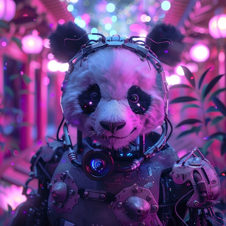 Photo gratuit vue d'un robot à moitié panda avec des pièces futuristes