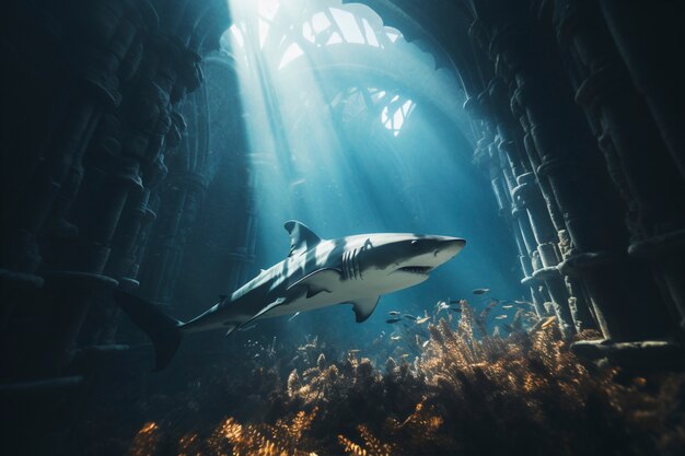 Vue des ruines archéologiques sous-marines du bâtiment avec créature marine