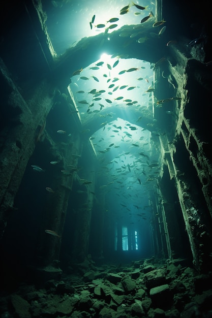 Vue des ruines archéologiques sous-marines du bâtiment